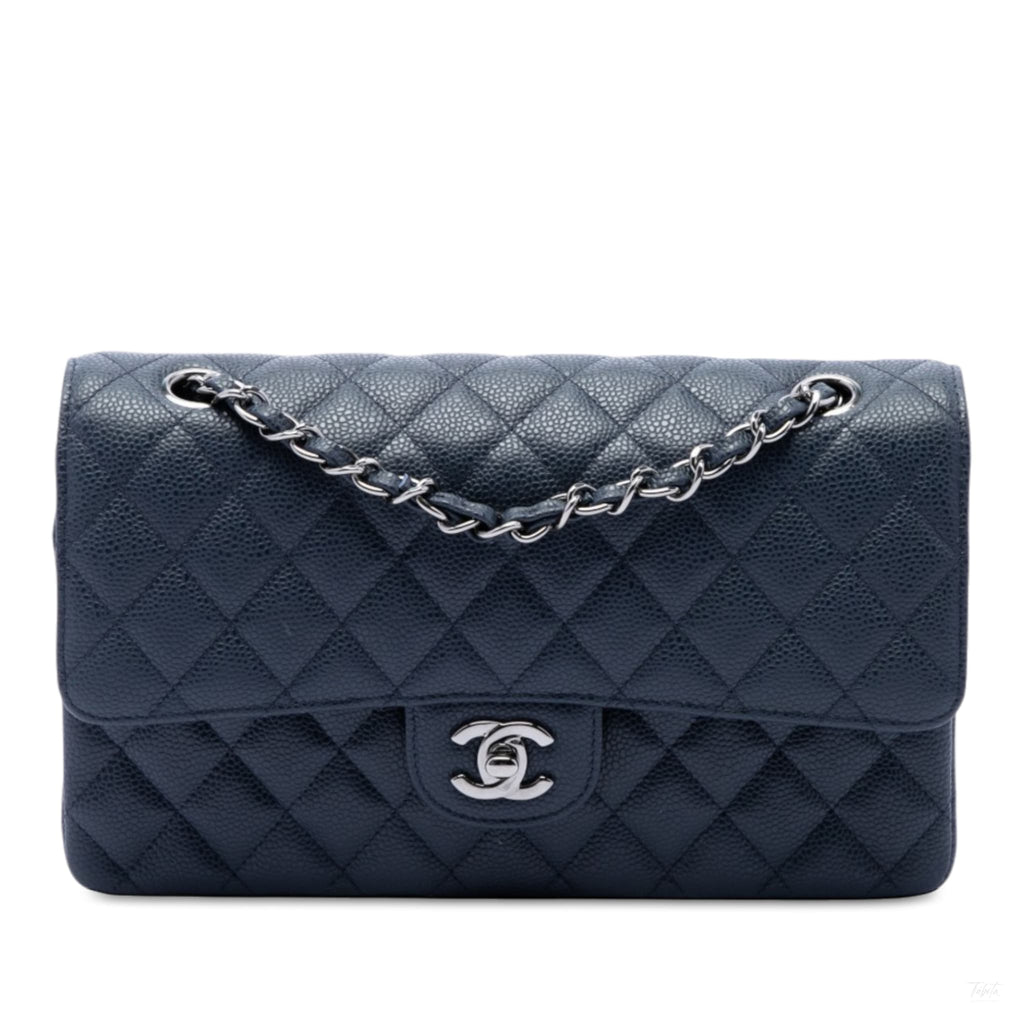 322610003 Classic Double Flap Medium Caviar Leather Matelassè Shoulder Bag Blue 1