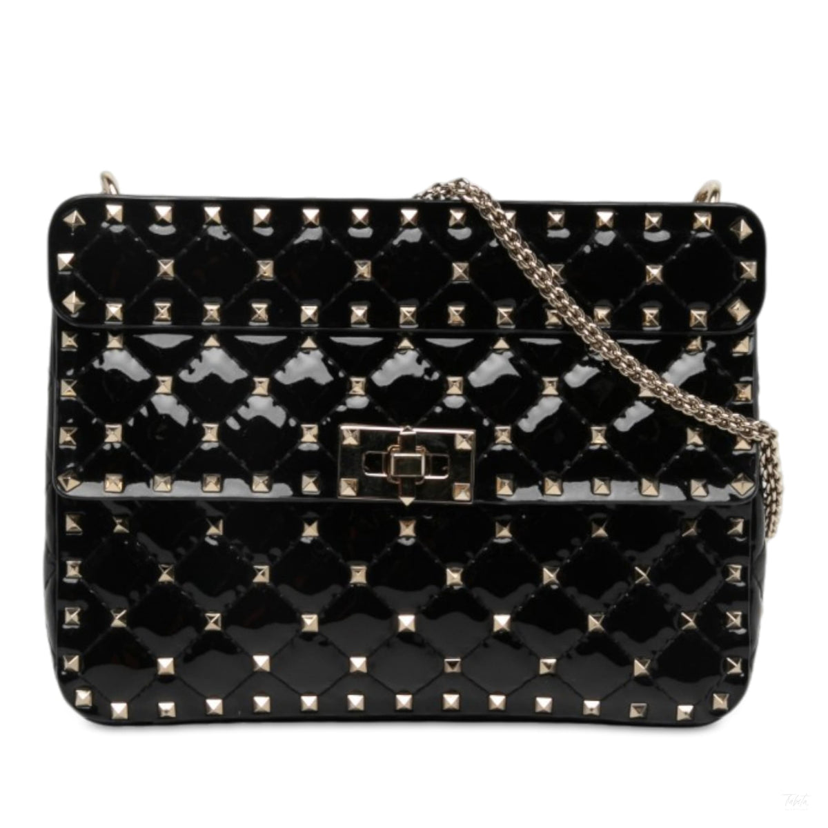 322610004 Rockstud Spike Medium Patent Leather Flap Crossbody Black 1