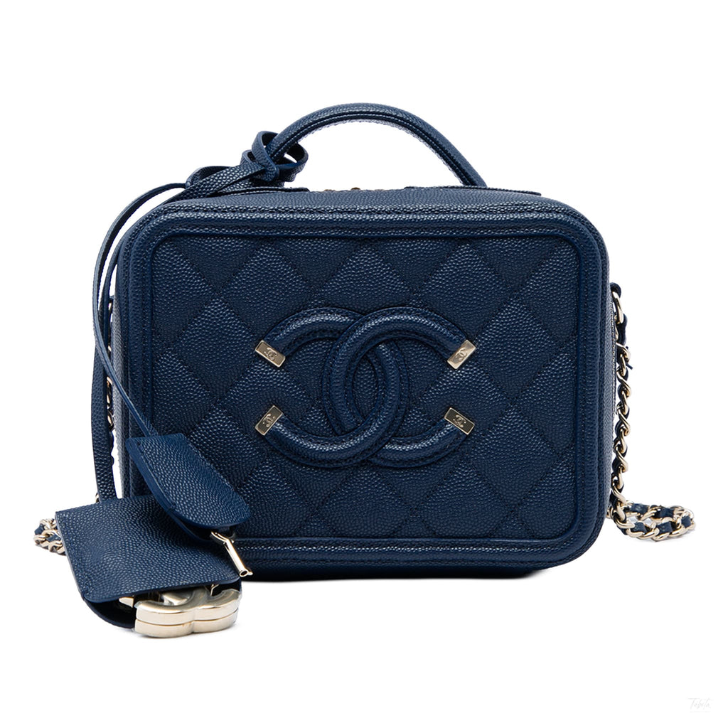 322610012 Vanity Case Small Caviar Leather CC Filigree Quilted Camera Crossbody Blue 1