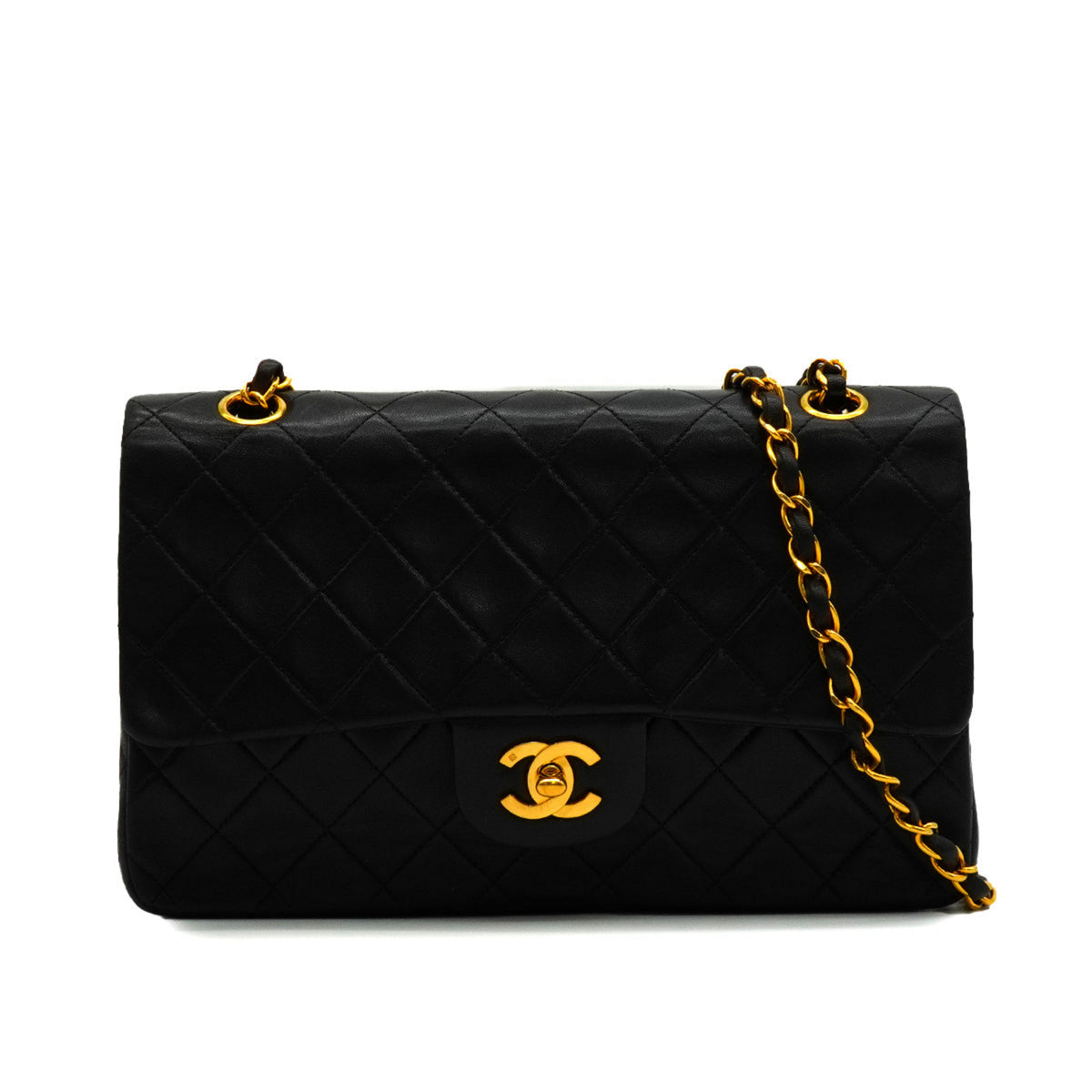 Vintage Classic Double Flap Medium Lambskin Leather Matelassè Shoulder Bag Black
