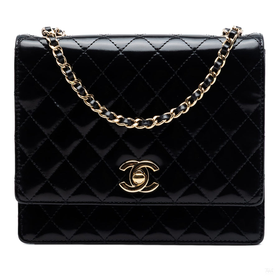 322610050 CC Square Patent Leather Matelassè Flap Shoulder Bag Black 1