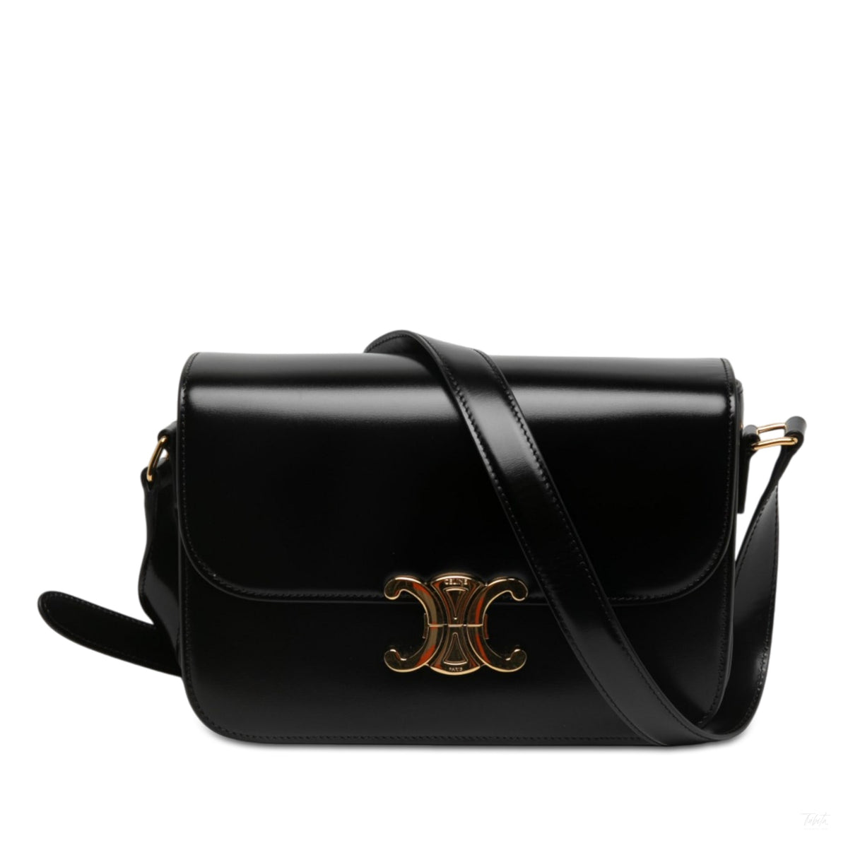 322610087 Triomphe Classique Shiny Calfskin Leather Flap Crossbody Black 1