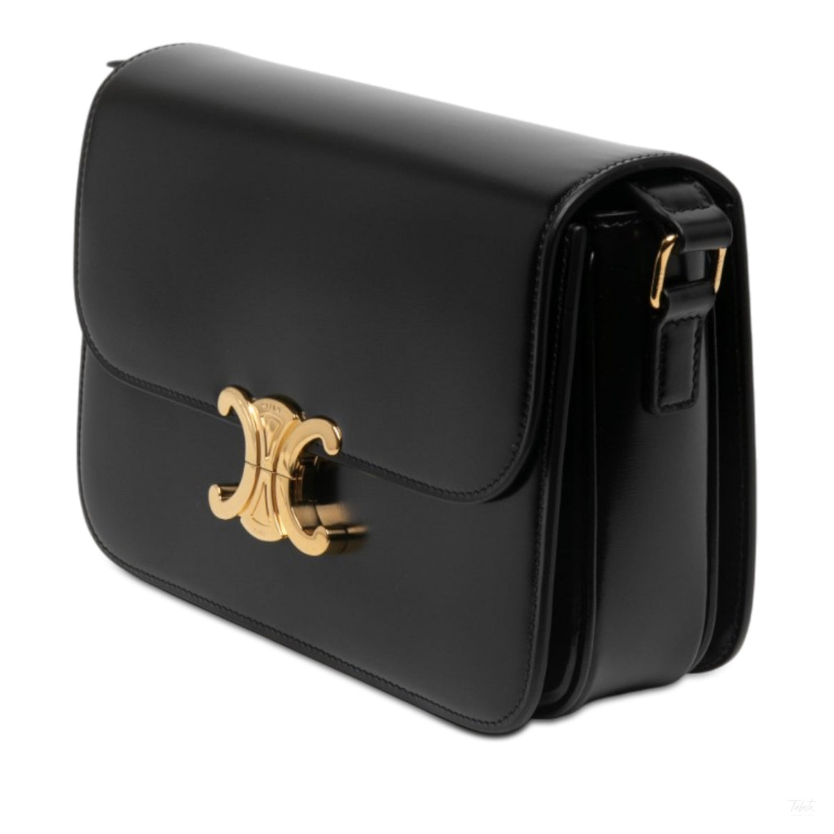322610087 Triomphe Classique Shiny Calfskin Leather Flap Crossbody Black 2