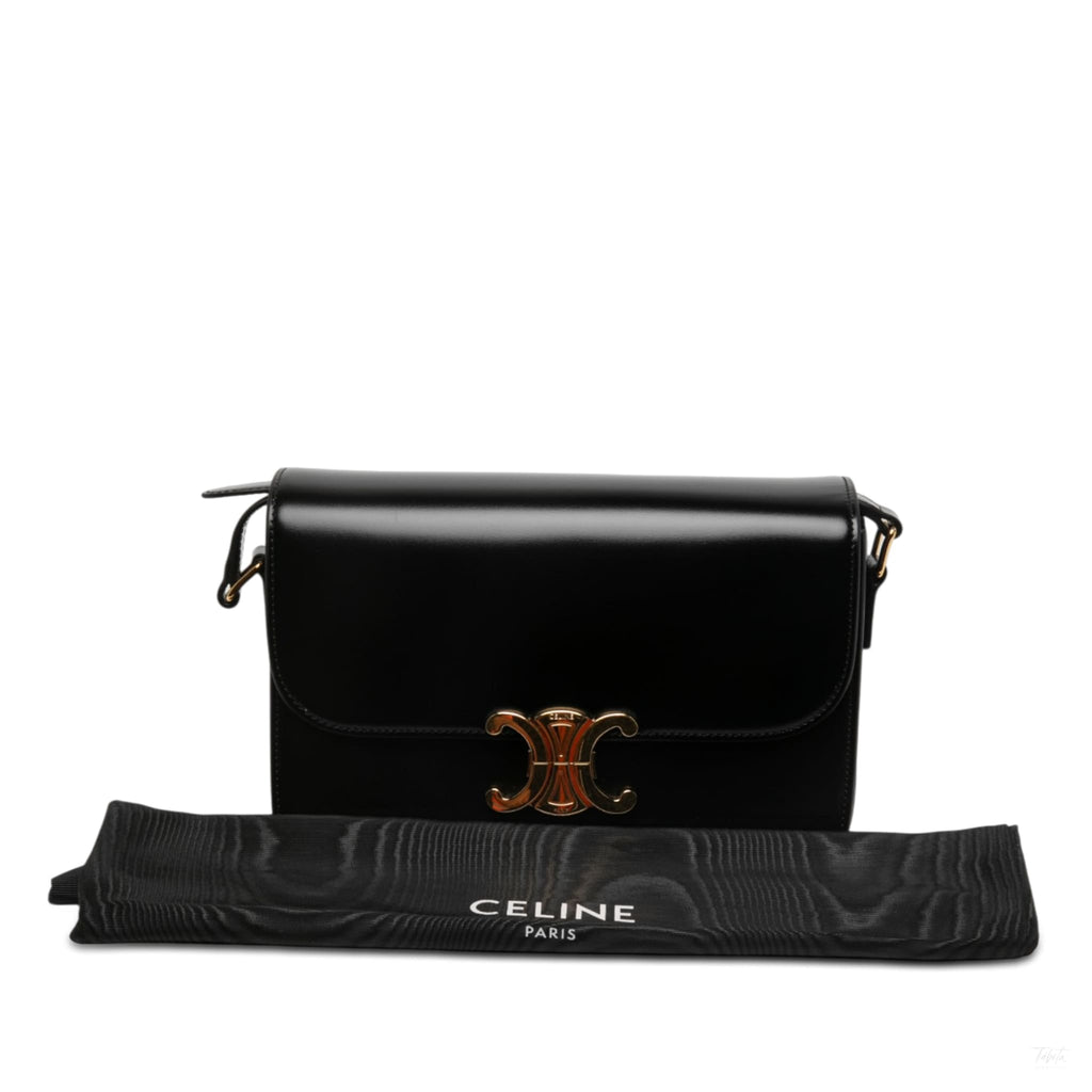322610087 Triomphe Classique Shiny Calfskin Leather Flap Crossbody Black 7