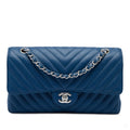 322610088 Classic Double Flap Medium Caviar Leather Chevron Shoulder Bag Blue 1