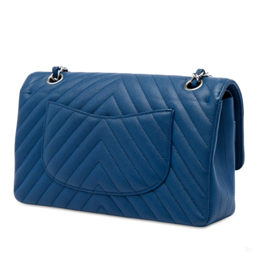 322610088 Classic Double Flap Medium Caviar Leather Chevron Shoulder Bag Blue 2
