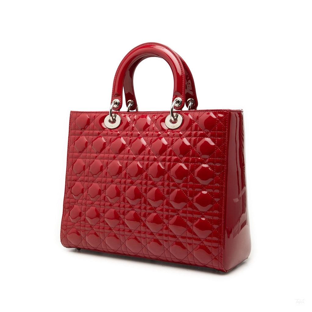 322610091 Lady Dior Large Patent Leather Zip Cannage Tote Handbag Red 2