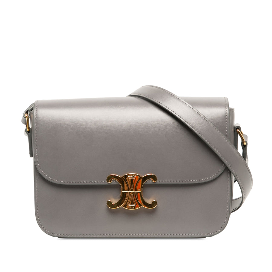 Triomphe Classique Shiny Cuir de veau lisse bandoulière à rabat gris 