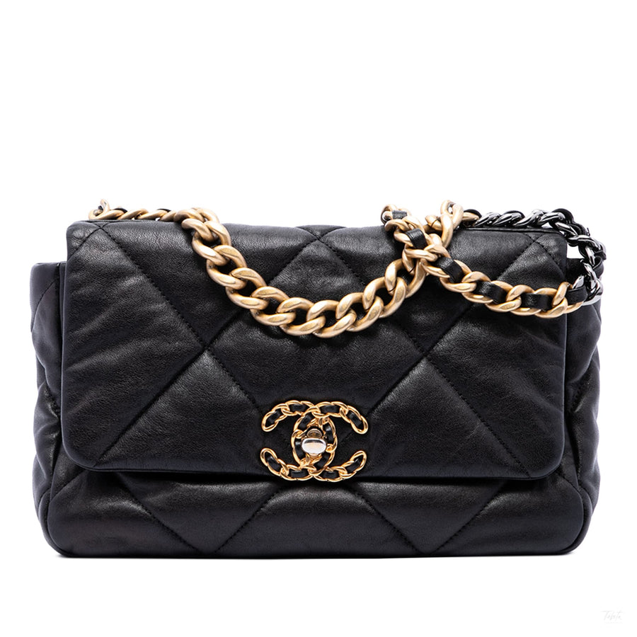 322610097 CHANEL 19 Medium Lambskin Leather Matelassè Flap Handbag Black 1