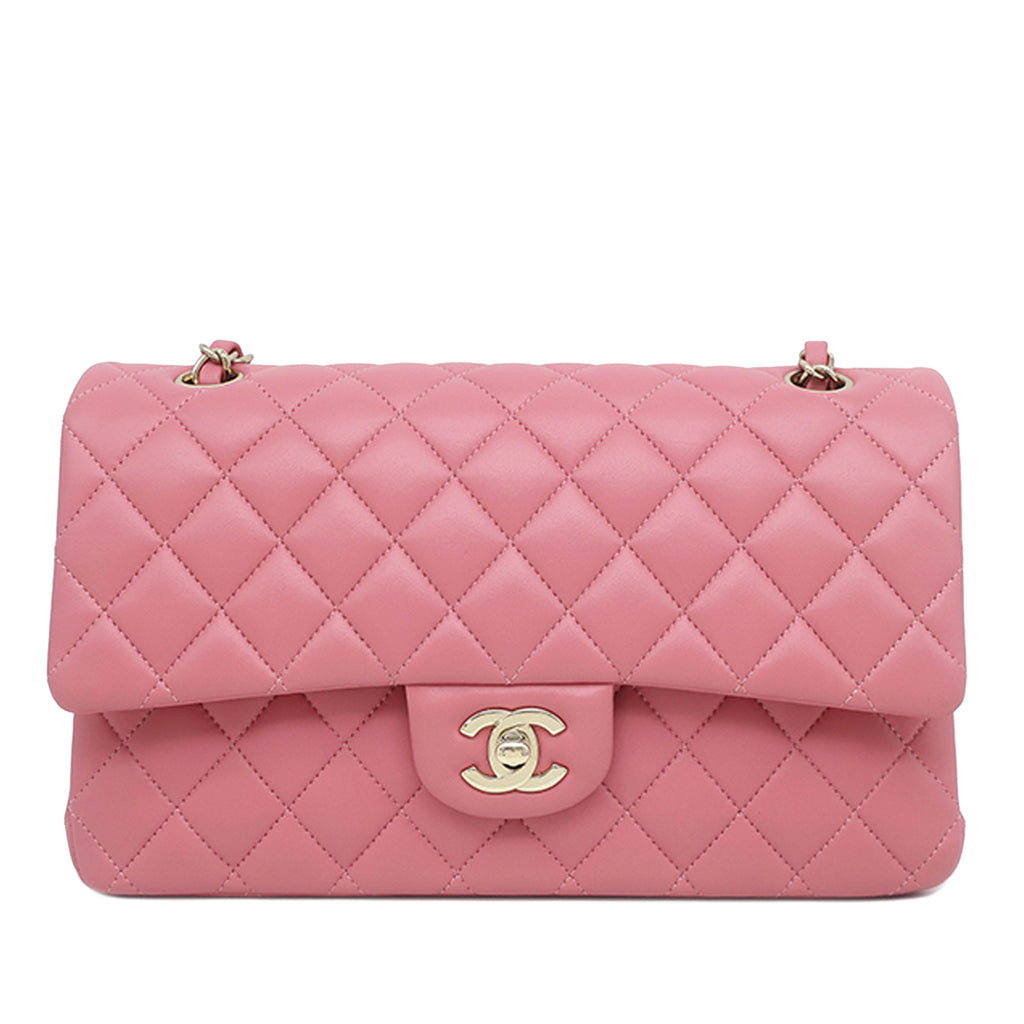 Classic Double Flap Medium Lambskin Leather Matelassé Shoulder Bag Pink 