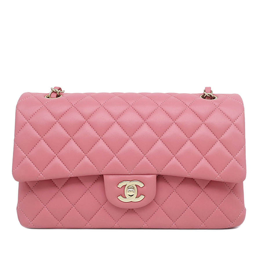 Borsa a tracolla in pelle di agnello Matelassé con chiusura Classic Double Flap Medium Pink 