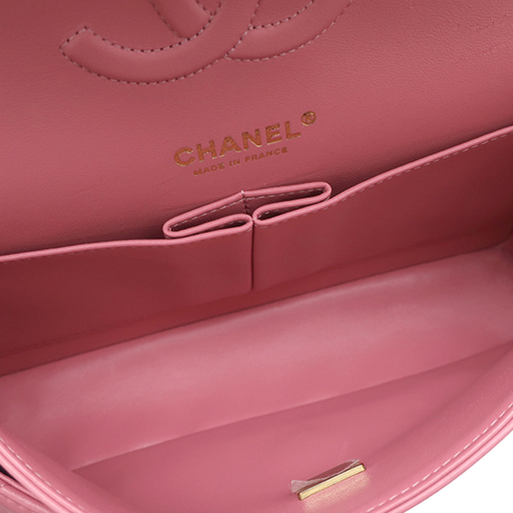 Classic Double Flap Medium Lambskin Leather Matelassé Shoulder Bag Pink 
