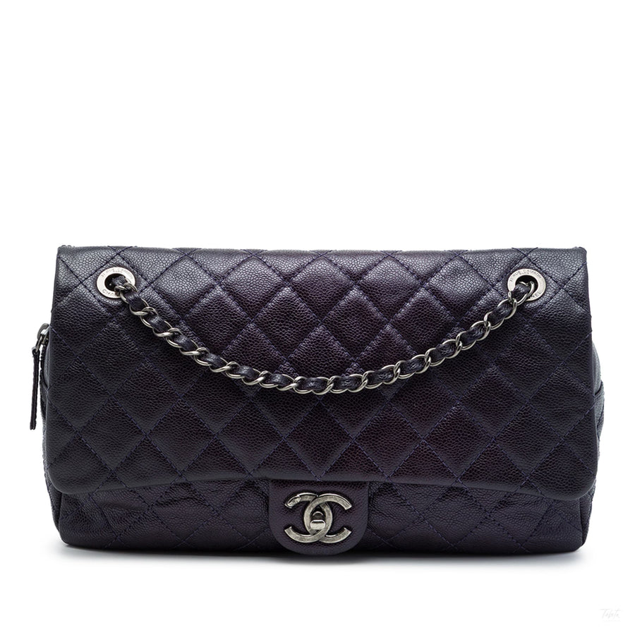 322610111 Easy Flap Jumbo Iridescent Caviar Leather Quilted Shoulder Bag Purple 1