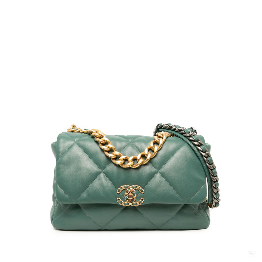 322610113 CHANEL 19 Large Lambskin Leather Matelassè Flap Handbag Green 1