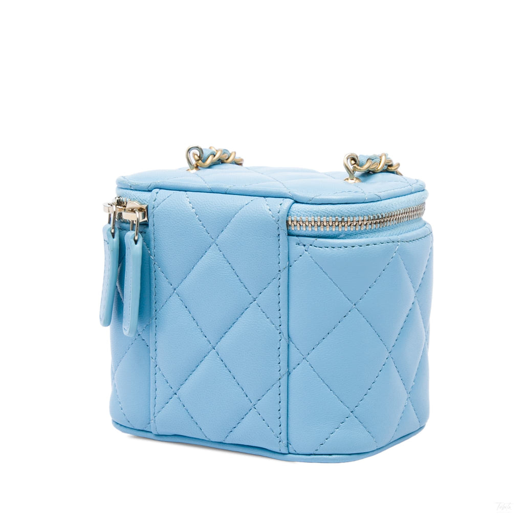322610114 Vanity Case Mini Lambskin Leather Pearl Charm Quilted Handbag Blue 2