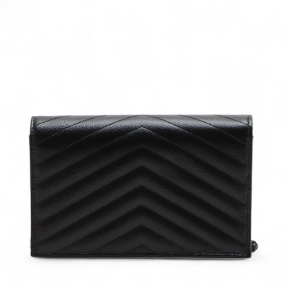 Cassandre Classic Grained Calfskin Leather Chevron Quilted Wallet on Chain Shoulder Bag Black