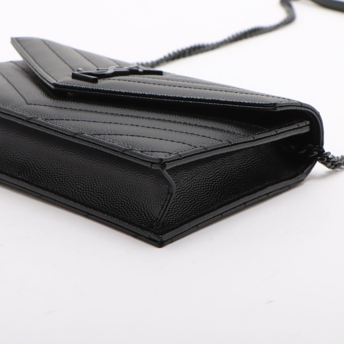 Cassandre Classic Grained Calfskin Leather Chevron Quilted Wallet on Chain Shoulder Bag Black
