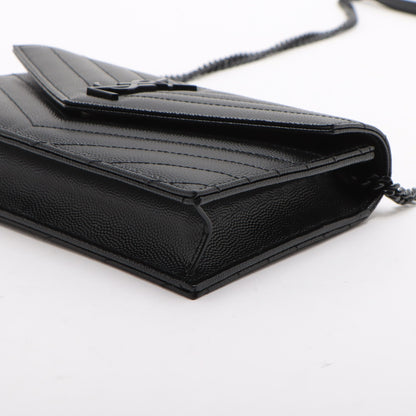 Cassandre Classic Grained Calfskin Leather Chevron Quilted Wallet on Chain Shoulder Bag Black