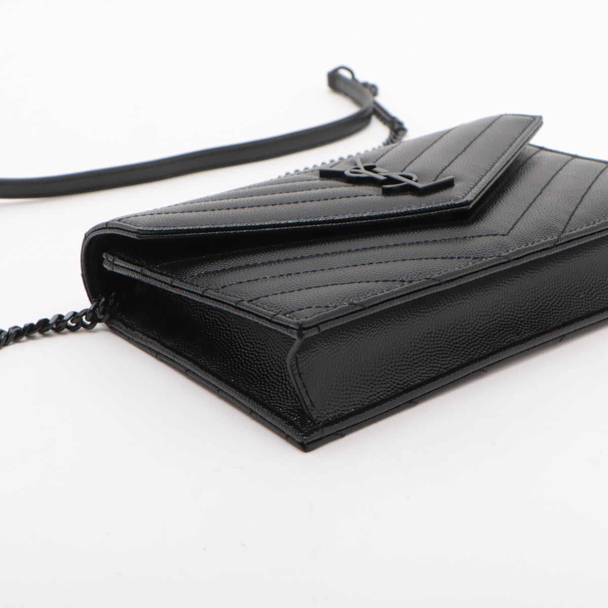Cassandre Classic Grained Calfskin Leather Chevron Quilted Wallet on Chain Shoulder Bag Black