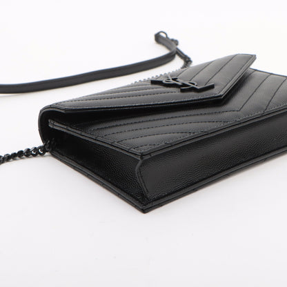 Cassandre Classic Grained Calfskin Leather Chevron Quilted Wallet on Chain Shoulder Bag Black