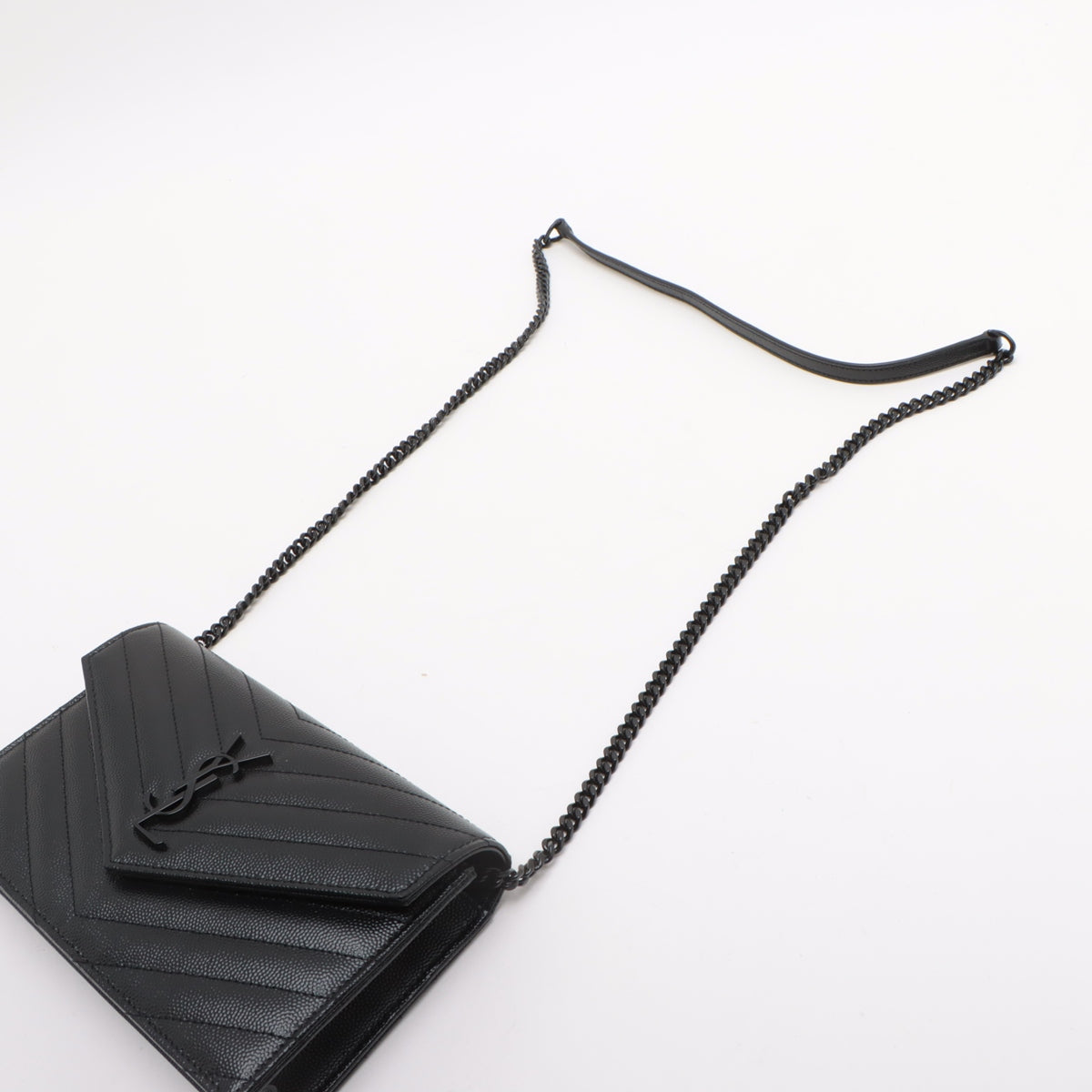 Cassandre Classic Grained Calfskin Leather Chevron Quilted Wallet on Chain Shoulder Bag Black