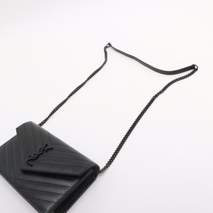 Cassandre Classic Grained Calfskin Leather Chevron Quilted Wallet on Chain Shoulder Bag Black