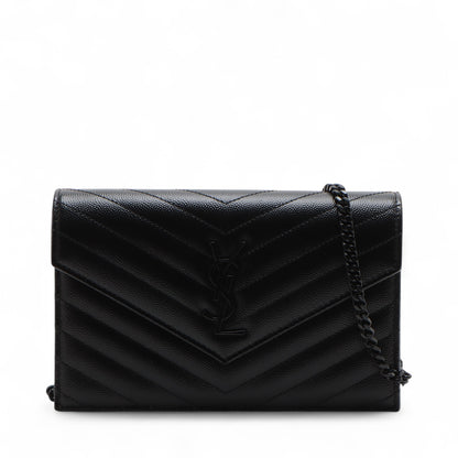 Cassandre Classic Grained Calfskin Leather Chevron Quilted Wallet on Chain Shoulder Bag Black