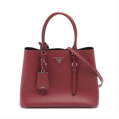 Double Saffiano Leather Tote Handbag Burgundy