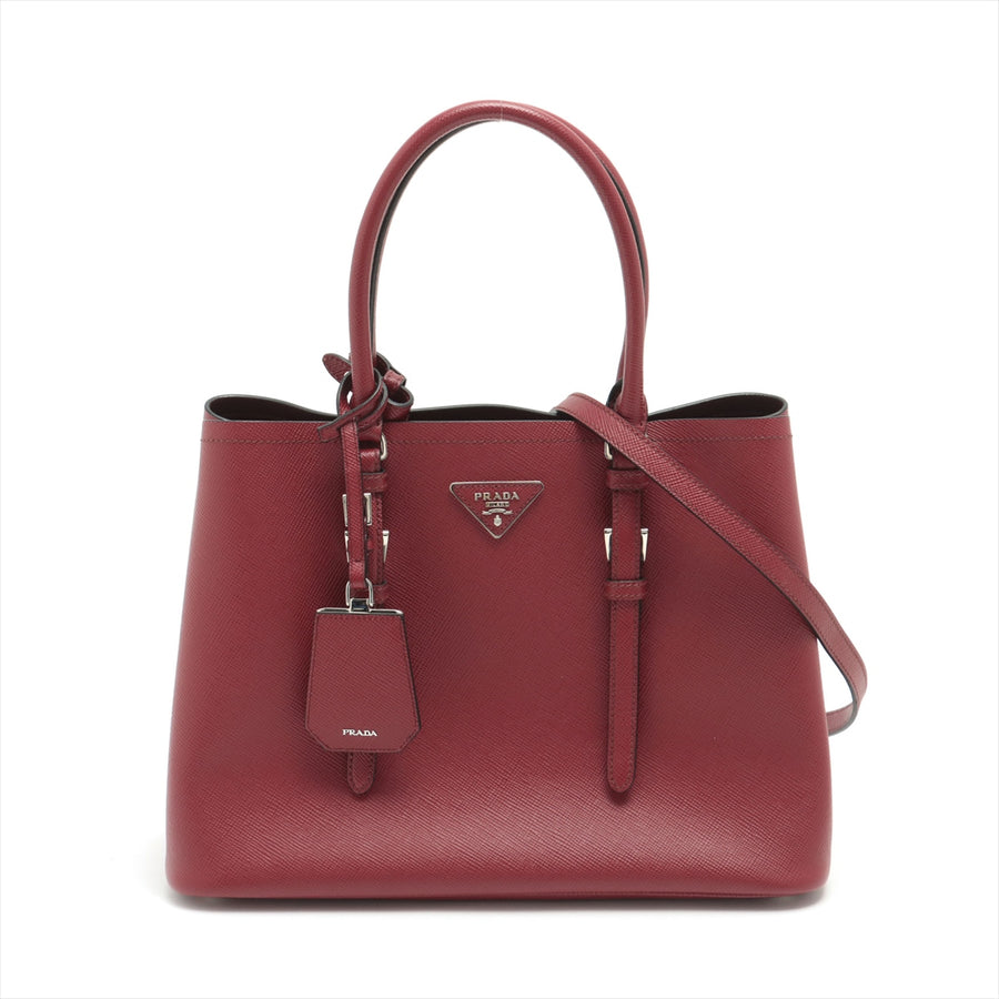 Double Saffiano Leather Tote Handbag Burgundy