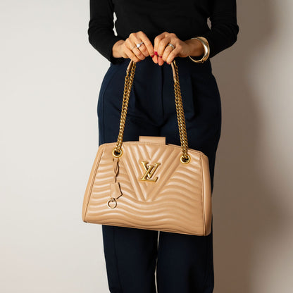 New Wave Chain Smooth Calfskin Leather Quilted Tote Shoulder Bag Noisette