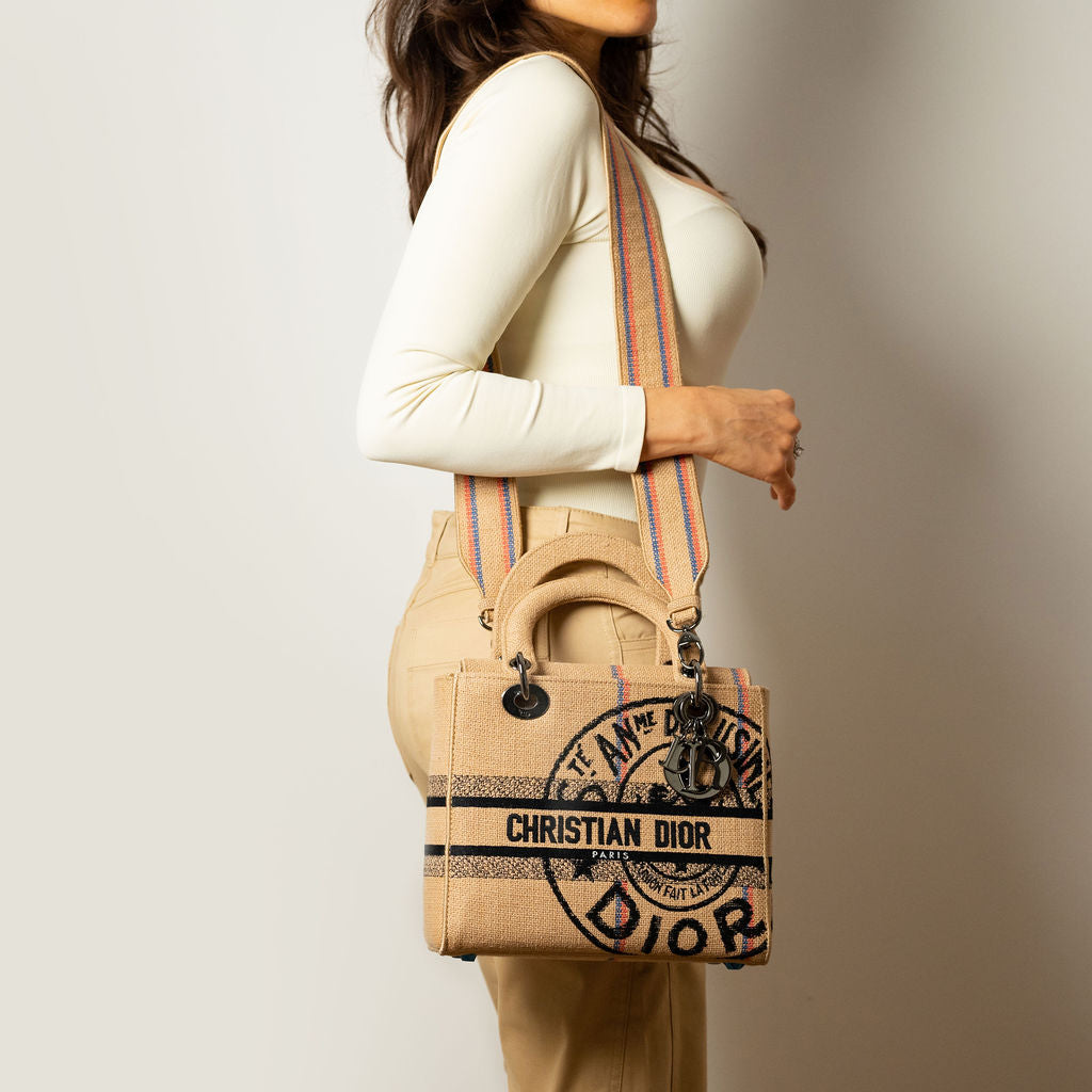 Lady Dior D-Lite Medium bestickte Jute Dior-Union Beige Tasche