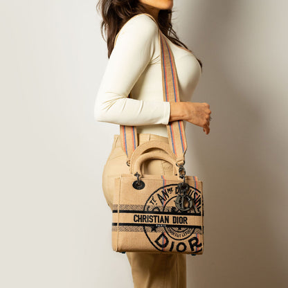 Lady Dior D-Lite Borsa media in iuta ricamata Dior-Union Beige