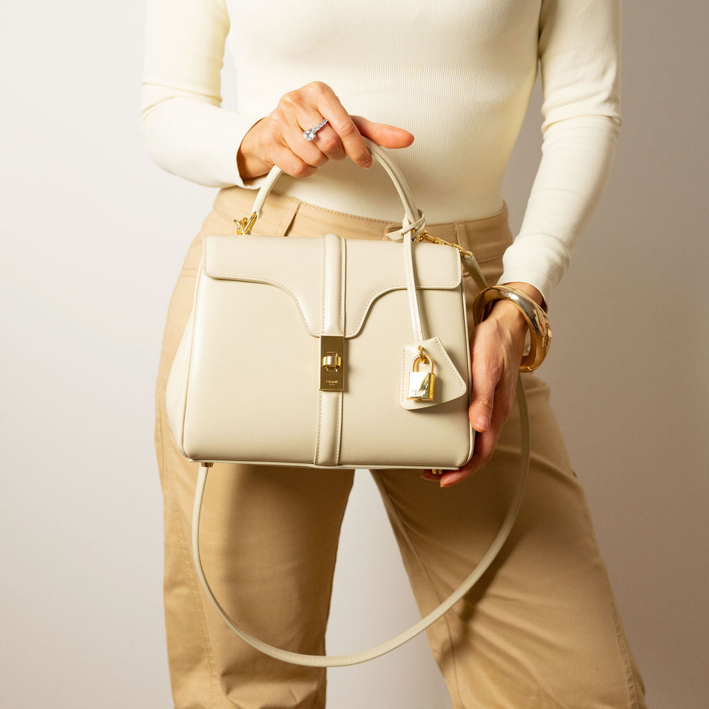 16 Small Shiny Calfskin Leather Top-Handle Handbag Rice