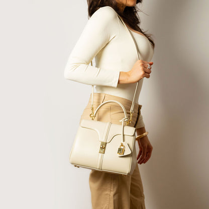 16 Small Shiny Calfskin Leather Top-Handle Handbag Rice