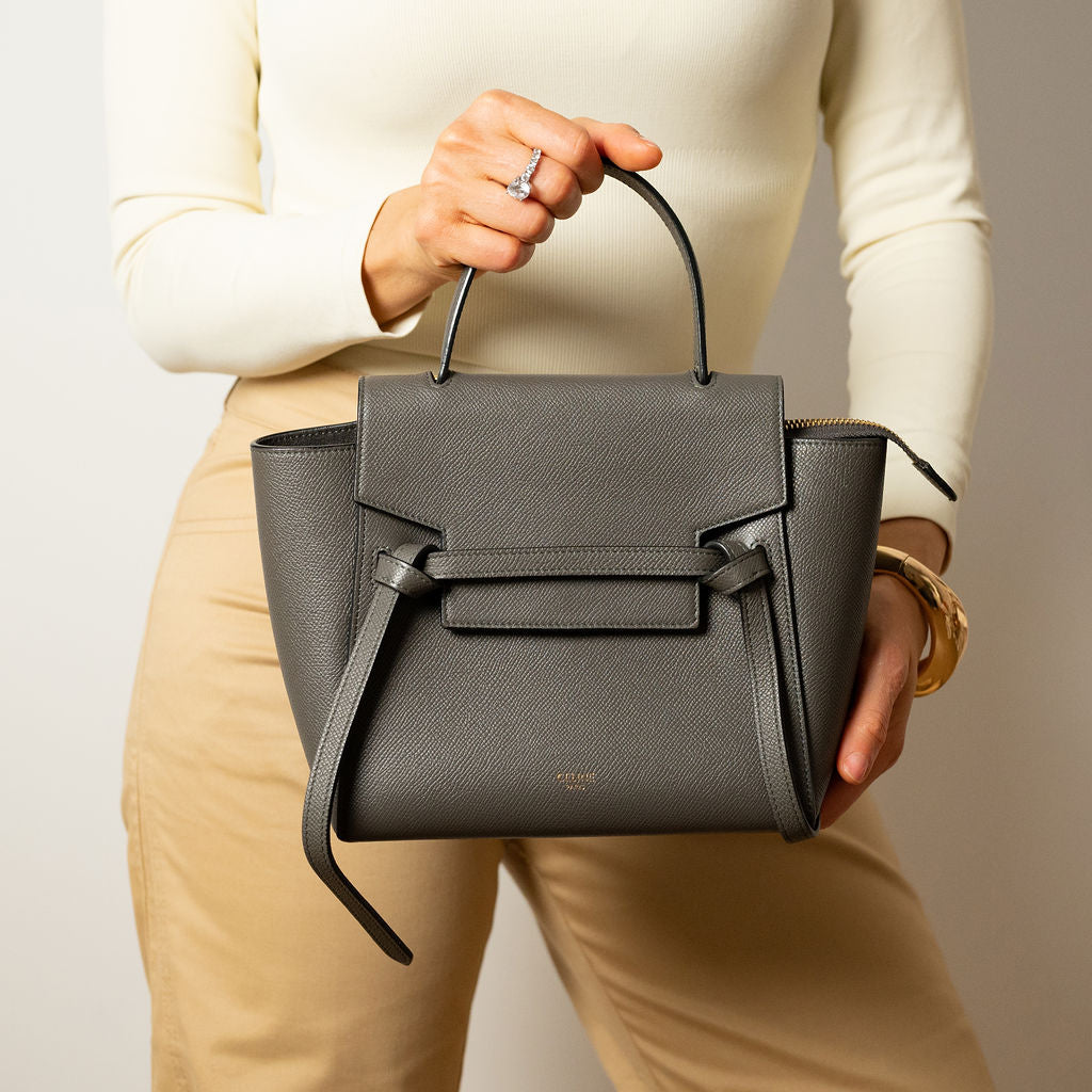 Belt Bag Nano Grained Calfskin Leather Tote Handbag Grey