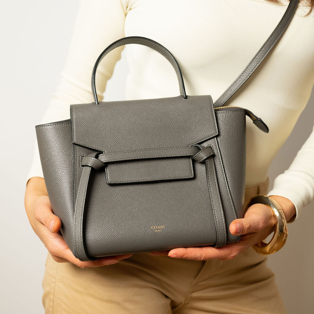 Belt Bag Nano Grained Calfskin Leather Tote Handbag Grey
