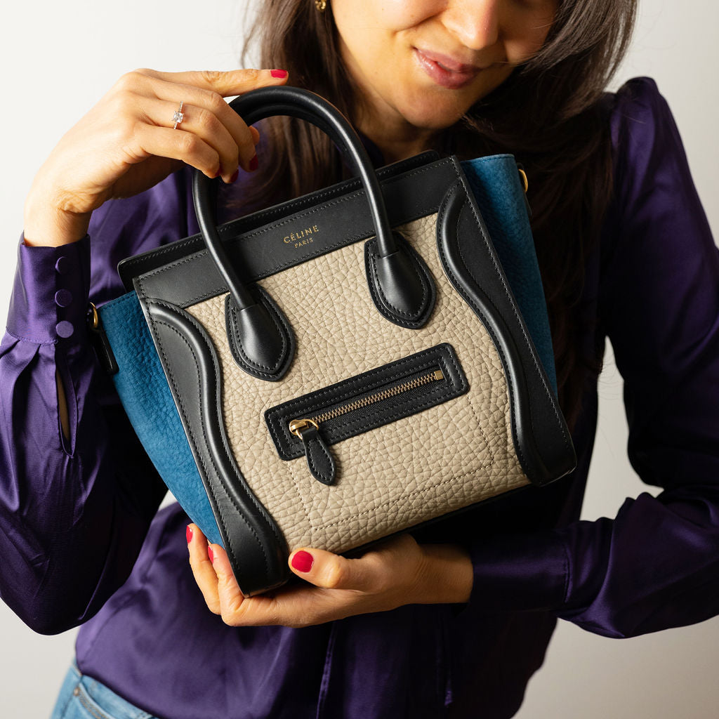 Luggage Nano Leather Tote Bag Black & Beige