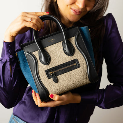 Luggage Nano couro Tote bolsa Preto e bege