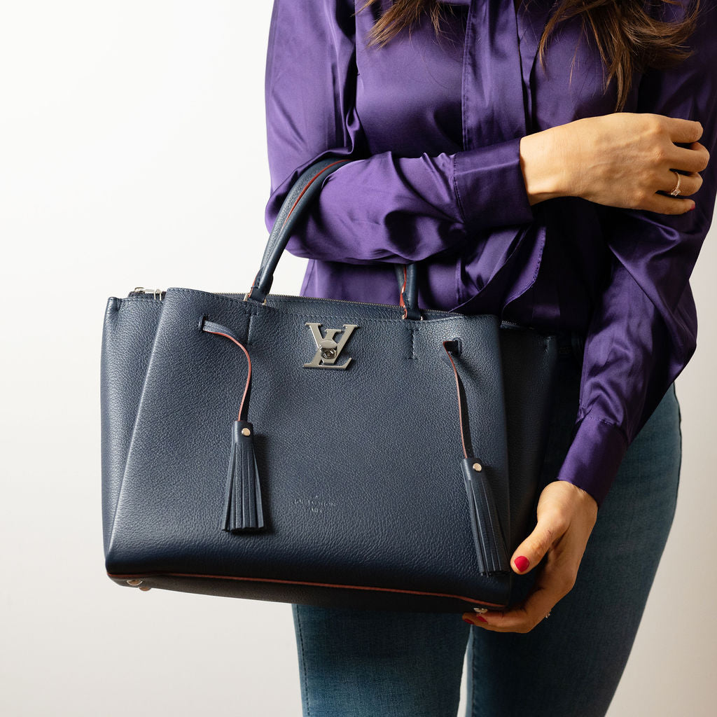 LockMeTo Pelle di vitello martellata a 2 vie Tote Borsa Navy