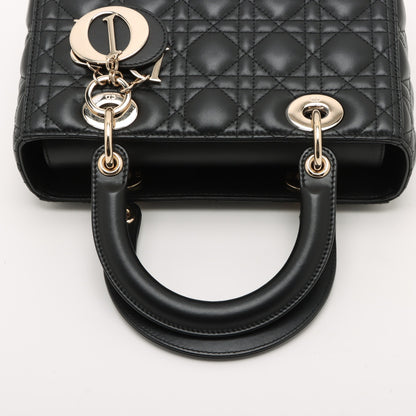 Lady Dior Medium Calfskin couro Cannage Tote Bolsa Black 