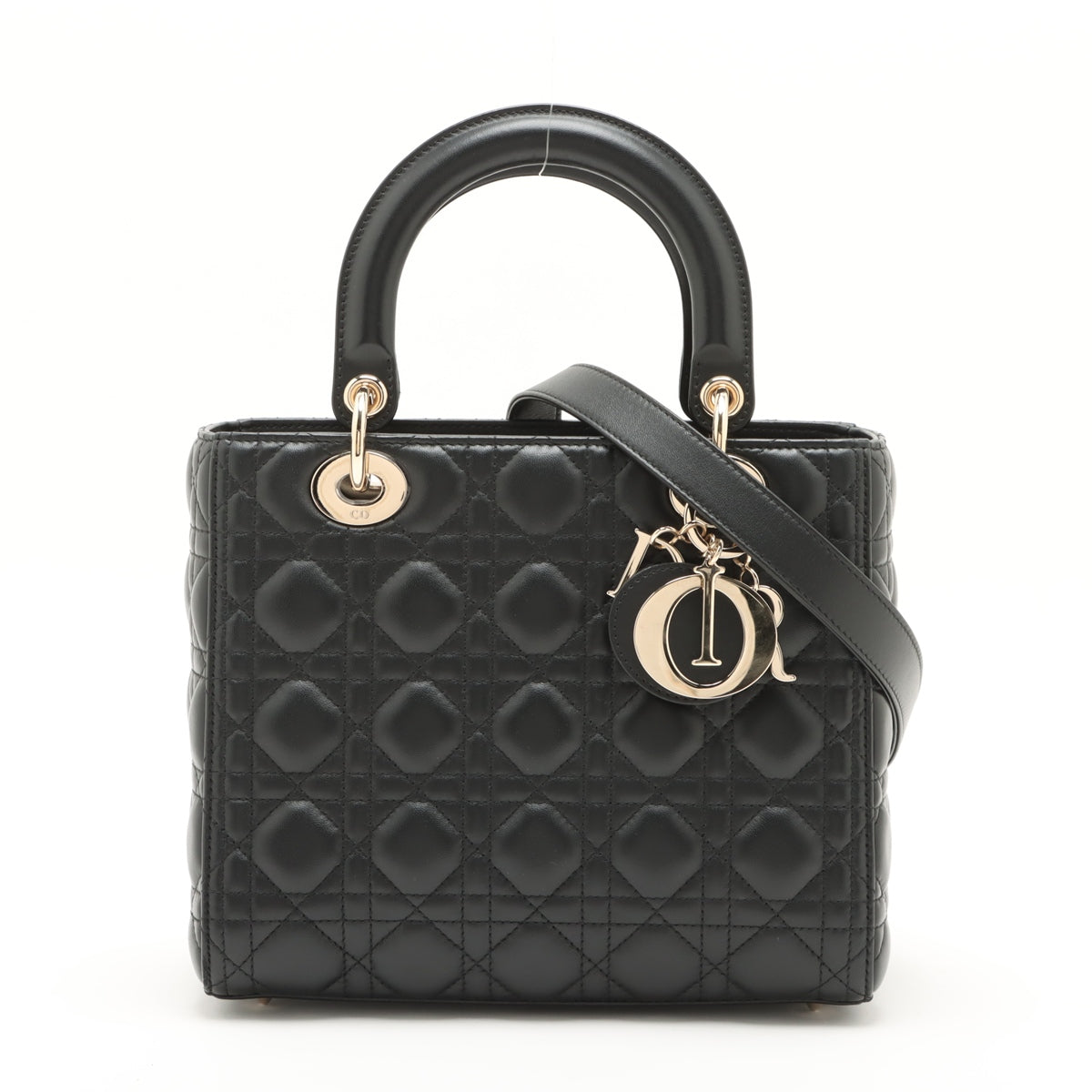 Lady Dior Medium Calfskin couro Cannage Tote Bolsa Black 
