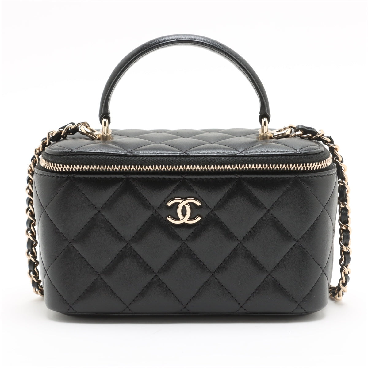 Vanity Case Small Lambskin Leather Quilted with Chain Handbag Black