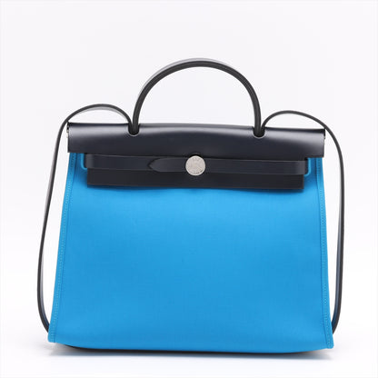 Herbag PM Toile Officier × Vache Hunter Leather & Canvas Zip Top-handle Handbag Blue