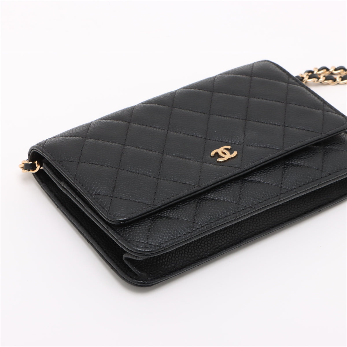 WOC Caviar Leather Quilted Flap Crossbody Black