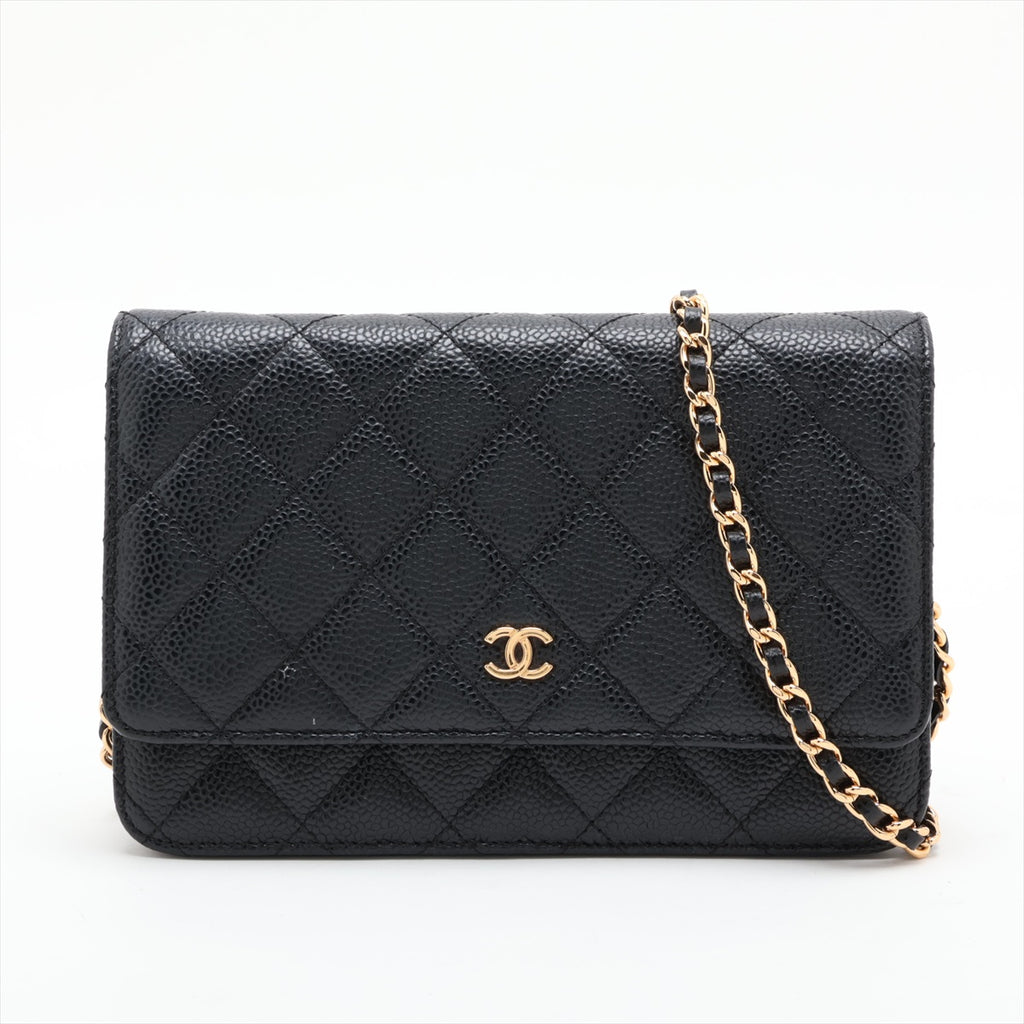 WOC Caviar Leder Quilted Flap Umhängetasche Schwarz 