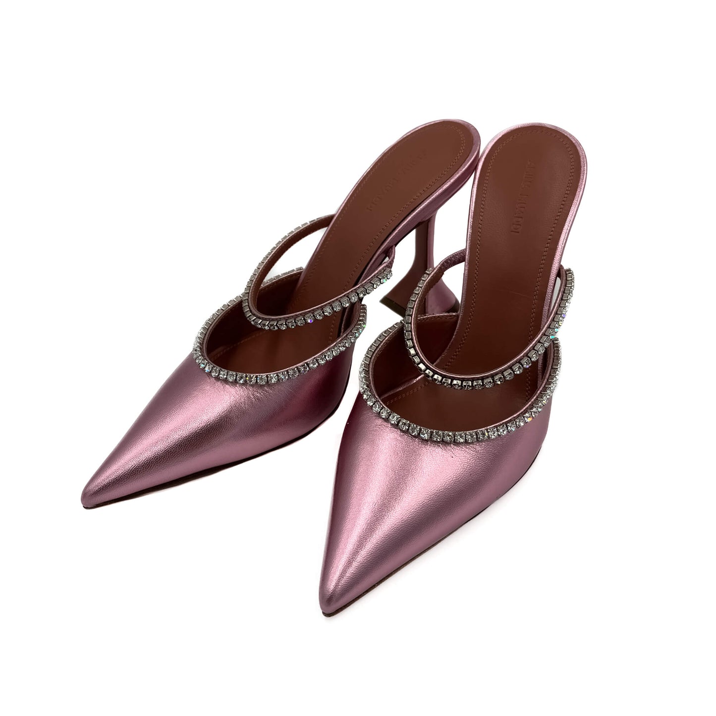 Second hand Amina Muaddi Gilda Crystal Strims Leather High Heel Mule 40 Metalic Rose Gold Tones - Tabita Bags