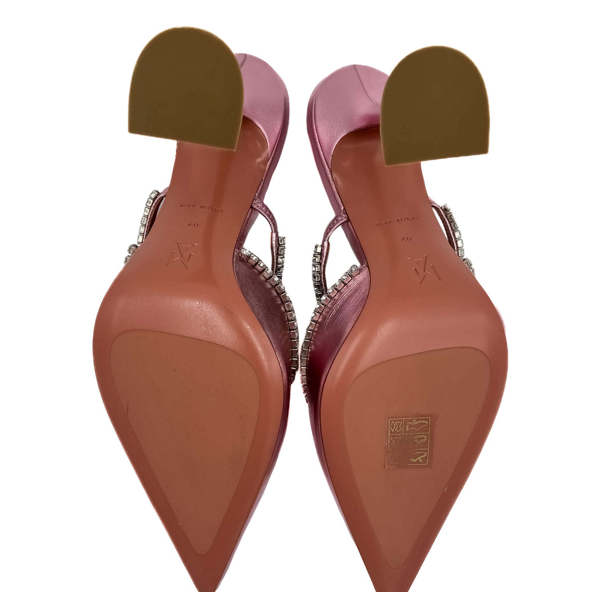 Second hand Amina Muaddi Gilda Crystal Strims Leather High Heel Mule 40 Metalic Rose Gold Tones - Tabita Bags