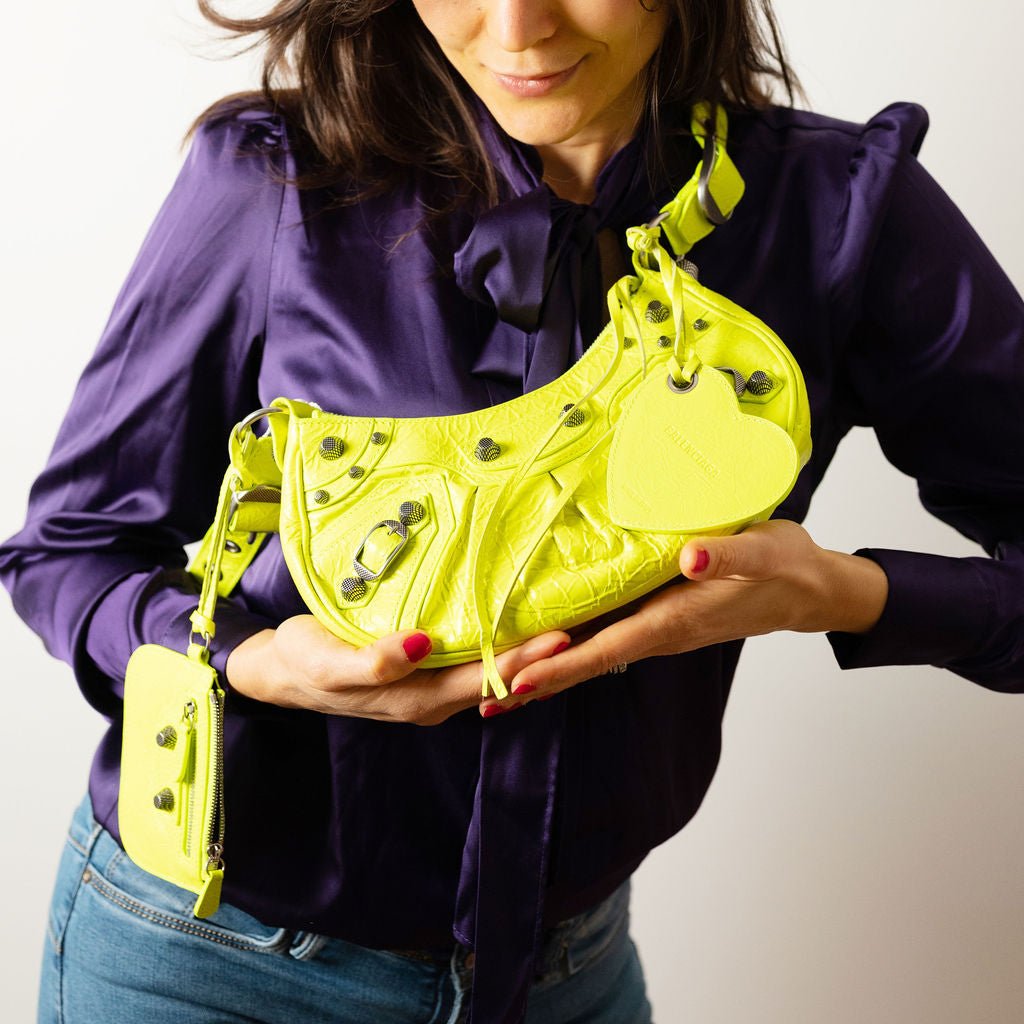 Second hand Balenciaga Le Cagole XS Arena Lambskin Leather 2 - Ways Hobo Bag Fluo - Tabita Bags