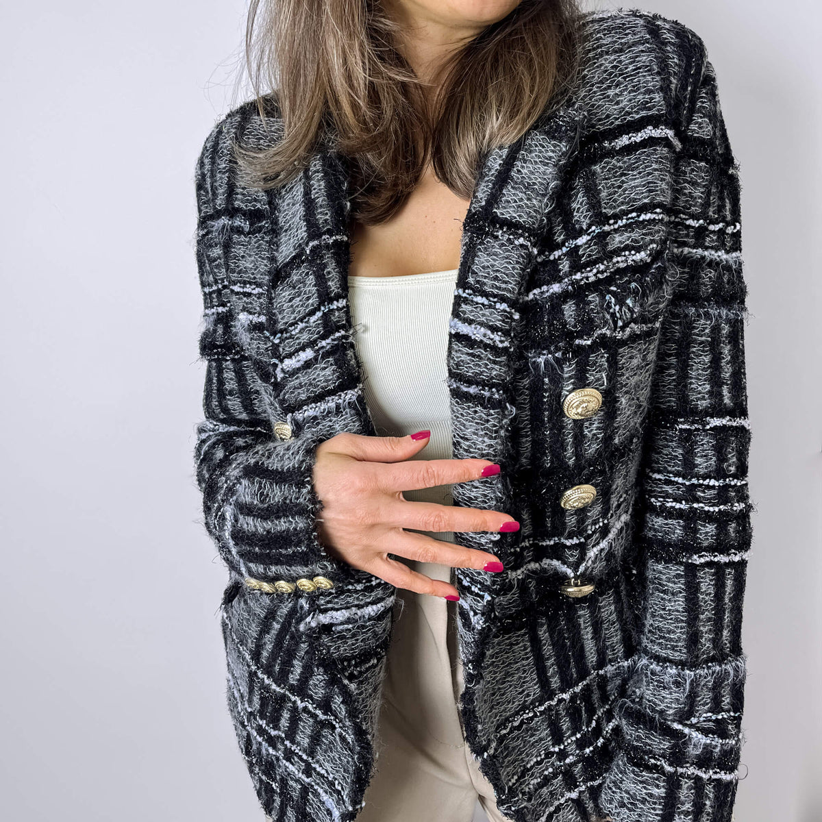Second hand Balmain Double - breasted Checked Tweed & Viscose Blazer 38 Black & White - Tabita Bags