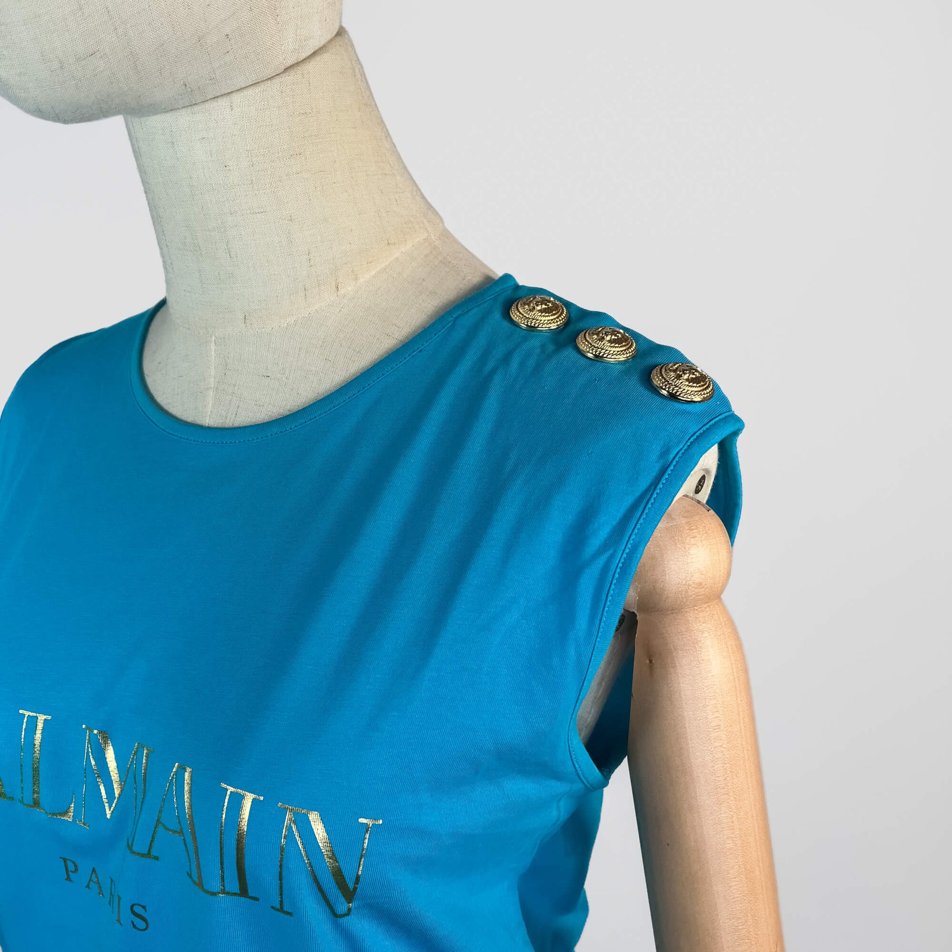 Second hand Balmain Tank Top Gold Lion - Buttons Cotton Tshirt Blue - Tabita Bags